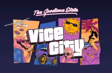 gta6 Cartel ilustrado The Goodtime State Vice City con un caimán con gafas, un coche morado, un sol con gafas, un flamenco y un manatí