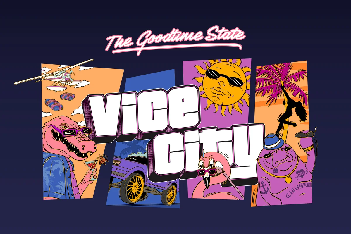 gta6 Cartel ilustrado The Goodtime State Vice City con un caimán con gafas, un coche morado, un sol con gafas, un flamenco y un manatí