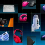 Collage oficial de Logitech G con los nuevos teclados, ratones, auriculares, el micrófono Yeti 2 y un volante de simulación naranja