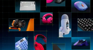 Collage oficial de Logitech G con los nuevos teclados, ratones, auriculares, el micrófono Yeti 2 y un volante de simulación naranja