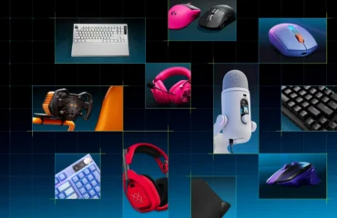 logitech-g-play-2026 Collage oficial de Logitech G con los nuevos teclados, ratones, auriculares, el micrófono Yeti 2 y un volante de simulación naranja