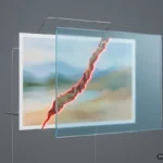 Fotografía de un paisaje atravesada por una grieta roja con pistas de circuito, sellada por una lámina de cristal. Imagen generada con IA.