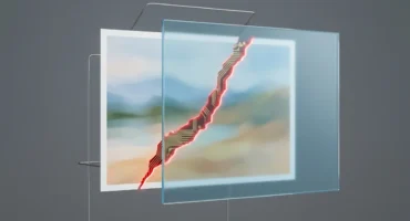 Fotografía de un paisaje atravesada por una grieta roja con pistas de circuito, sellada por una lámina de cristal. Imagen generada con IA.