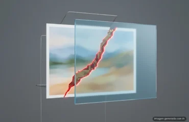 Fotografía de un paisaje atravesada por una grieta roja con pistas de circuito, sellada por una lámina de cristal. Imagen generada con IA.