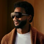 Un hombre con barba lleva las Meta VR Glasses, unas gafas oscuras de realidad virtual con un cable, en una habitación de madera