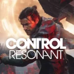 El protagonista de CONTROL Resonant empuña un arma enorme sobre una ciudad en ruinas bajo un cielo anaranjado, con el logotipo del juego