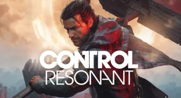 El protagonista de CONTROL Resonant empuña un arma enorme sobre una ciudad en ruinas bajo un cielo anaranjado, con el logotipo del juego