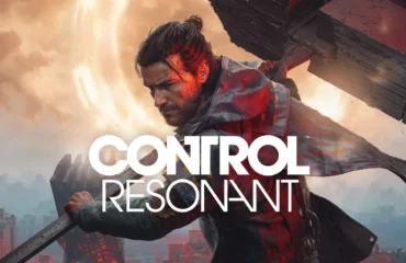 El protagonista de CONTROL Resonant empuña un arma enorme sobre una ciudad en ruinas bajo un cielo anaranjado, con el logotipo del juego