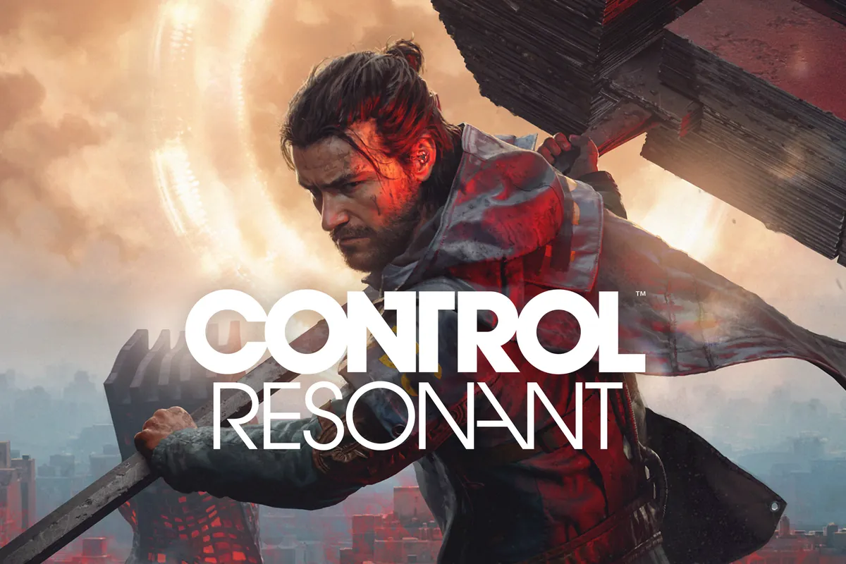 nv-617-control El protagonista de CONTROL Resonant empuña un arma enorme sobre una ciudad en ruinas bajo un cielo anaranjado, con el logotipo del juego