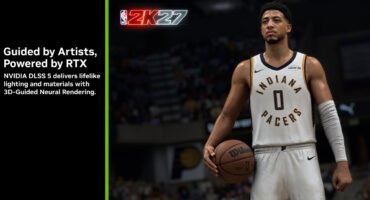 Imagen promocional de NVIDIA DLSS 5 con un jugador de NBA 2K27 sosteniendo un balón y el lema «Guided by Artists, Powered by RTX».