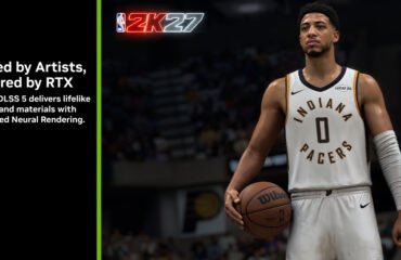 nvidia-dlss5-og Imagen promocional de NVIDIA DLSS 5 con un jugador de NBA 2K27 sosteniendo un balón y el lema «Guided by Artists, Powered by RTX».
