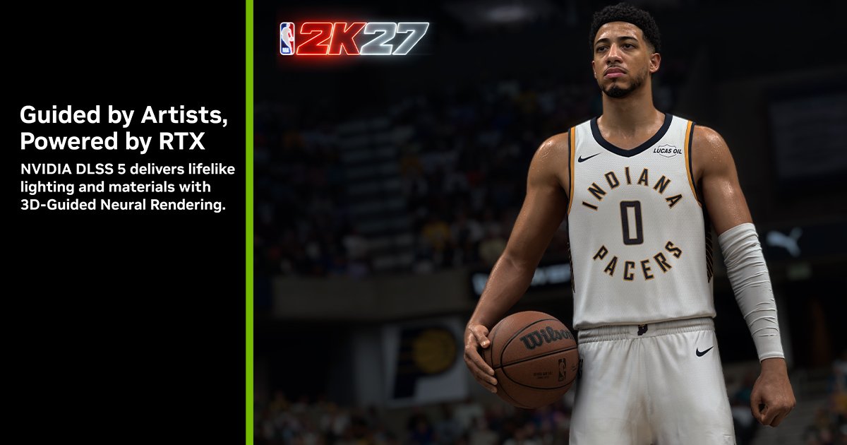 nvidia-dlss5-og Imagen promocional de NVIDIA DLSS 5 con un jugador de NBA 2K27 sosteniendo un balón y el lema «Guided by Artists, Powered by RTX».