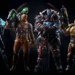 Cuatro campeones de Quake Champions posan armados sobre un fondo negro: una mujer de pelo azul, dos guerreros acorazados y un soldado