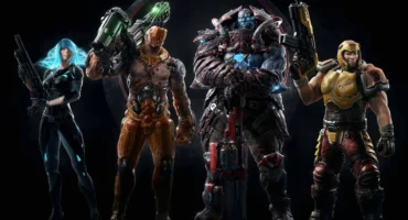 Cuatro campeones de Quake Champions posan armados sobre un fondo negro: una mujer de pelo azul, dos guerreros acorazados y un soldado