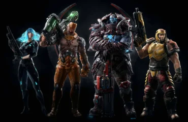 quake-champions-steam Cuatro campeones de Quake Champions posan armados sobre un fondo negro: una mujer de pelo azul, dos guerreros acorazados y un soldado