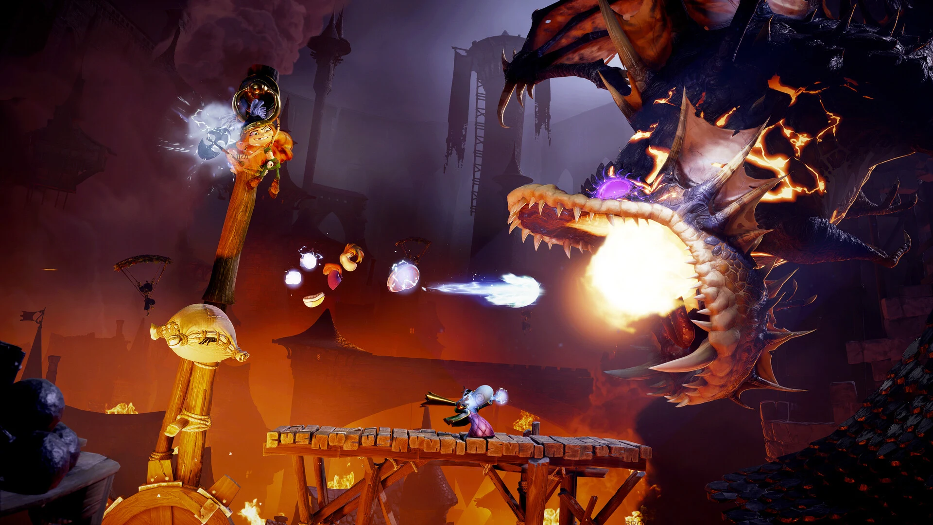 Rayman y sus amigos se enfrentan a un dragón que escupe fuego en un escenario de Rayman Legends Retold