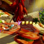 Personajes de Rayman Legends Retold corren sobre un mantel de cuadros entre una pizza, guindillas y rodajas de tomate gigantes