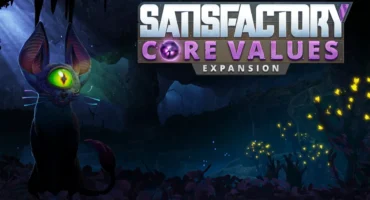 Arte oficial de Satisfactory: Core Values con el logotipo de la expansión y una criatura de un solo ojo en una cueva con plantas luminosas