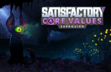 satisfactory-core-values-dlc Arte oficial de Satisfactory: Core Values con el logotipo de la expansión y una criatura de un solo ojo en una cueva con plantas luminosas