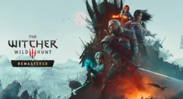 Geralt, Ciri, Triss y Yennefer ante un paisaje brumoso junto al logotipo de The Witcher 3: Wild Hunt Remastered