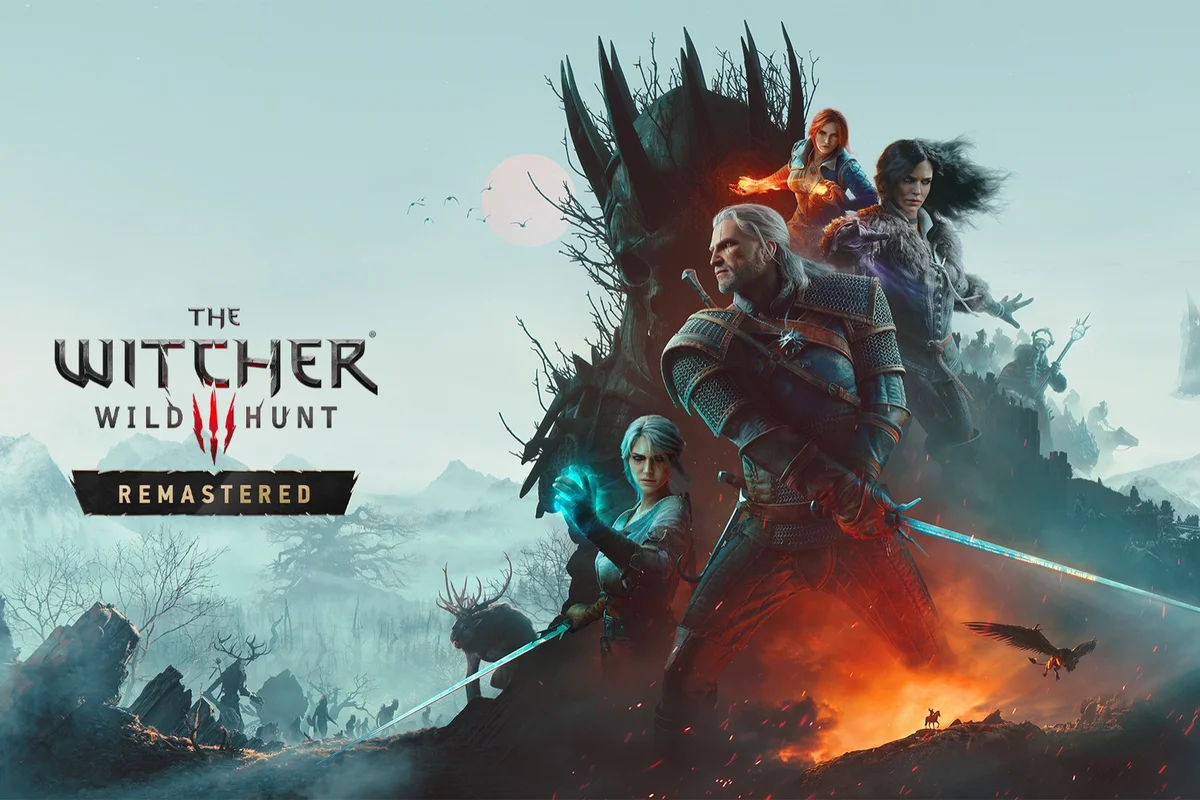 the-witcher-3-remastered-llega-29-septiembre-gratis Geralt, Ciri, Triss y Yennefer ante un paisaje brumoso junto al logotipo de The Witcher 3: Wild Hunt Remastered