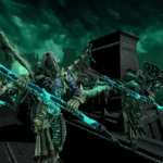 Guerreros esqueléticos alados de Nagash con lanzas de brillo turquesa sobre una muralla, en una captura de Total War: Warhammer III