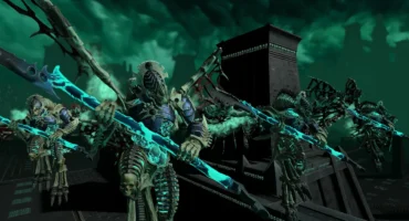 Guerreros esqueléticos alados de Nagash con lanzas de brillo turquesa sobre una muralla, en una captura de Total War: Warhammer III