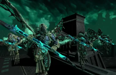 Guerreros esqueléticos alados de Nagash con lanzas de brillo turquesa sobre una muralla, en una captura de Total War: Warhammer III