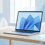Ilustración de un portátil abierto sobre un escritorio de madera clara con formas curvas azules en la pantalla. Imagen generada con IA.