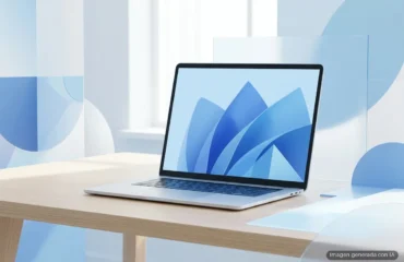 Ilustración de un portátil abierto sobre un escritorio de madera clara con formas curvas azules en la pantalla. Imagen generada con IA.