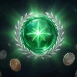 Medalla de cristal verde esmeralda con una estrella de ocho puntas y una corona de laurel plateada. Imagen generada con IA.