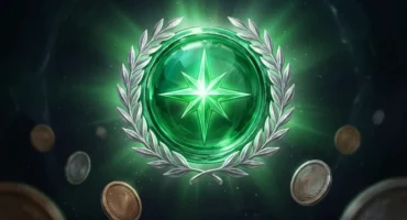 Medalla de cristal verde esmeralda con una estrella de ocho puntas y una corona de laurel plateada. Imagen generada con IA.