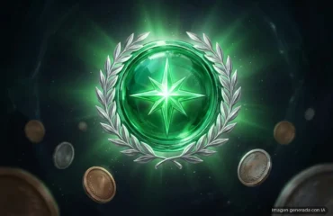 xbox-logros-miticos-insiders Medalla de cristal verde esmeralda con una estrella de ocho puntas y una corona de laurel plateada. Imagen generada con IA.