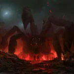 Arte de Gears of War: E-Day: una criatura gigantesca de largas patas se alza entre las ruinas de una ciudad en llamas frente a un pequeño grupo de soldados