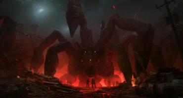 Arte de Gears of War: E-Day: una criatura gigantesca de largas patas se alza entre las ruinas de una ciudad en llamas frente a un pequeño grupo de soldados