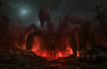 advanced-shader-delivery-gears-of-war-e-day Arte de Gears of War: E-Day: una criatura gigantesca de largas patas se alza entre las ruinas de una ciudad en llamas frente a un pequeño grupo de soldados