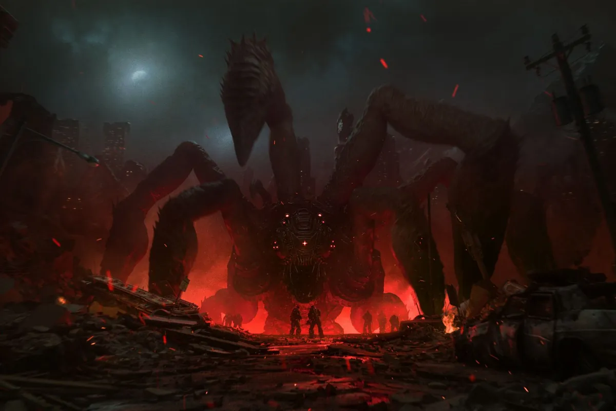advanced-shader-delivery-gears-of-war-e-day Arte de Gears of War: E-Day: una criatura gigantesca de largas patas se alza entre las ruinas de una ciudad en llamas frente a un pequeño grupo de soldados