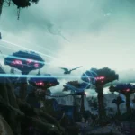 Paisaje de AION 2 con árboles gigantes de copas luminosas y pasarelas colgantes, mientras un personaje con alas vuela entre ellos bajo un cielo nublado
