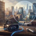 Visor de realidad virtual genérico sobre una mesa ante una ciudad nítida en el centro y borrosa en los bordes. Imagen generada con IA.