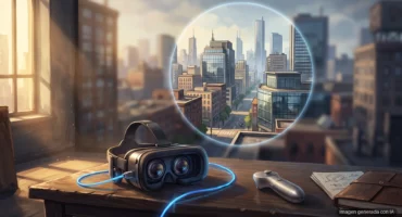 Visor de realidad virtual genérico sobre una mesa ante una ciudad nítida en el centro y borrosa en los bordes. Imagen generada con IA.
