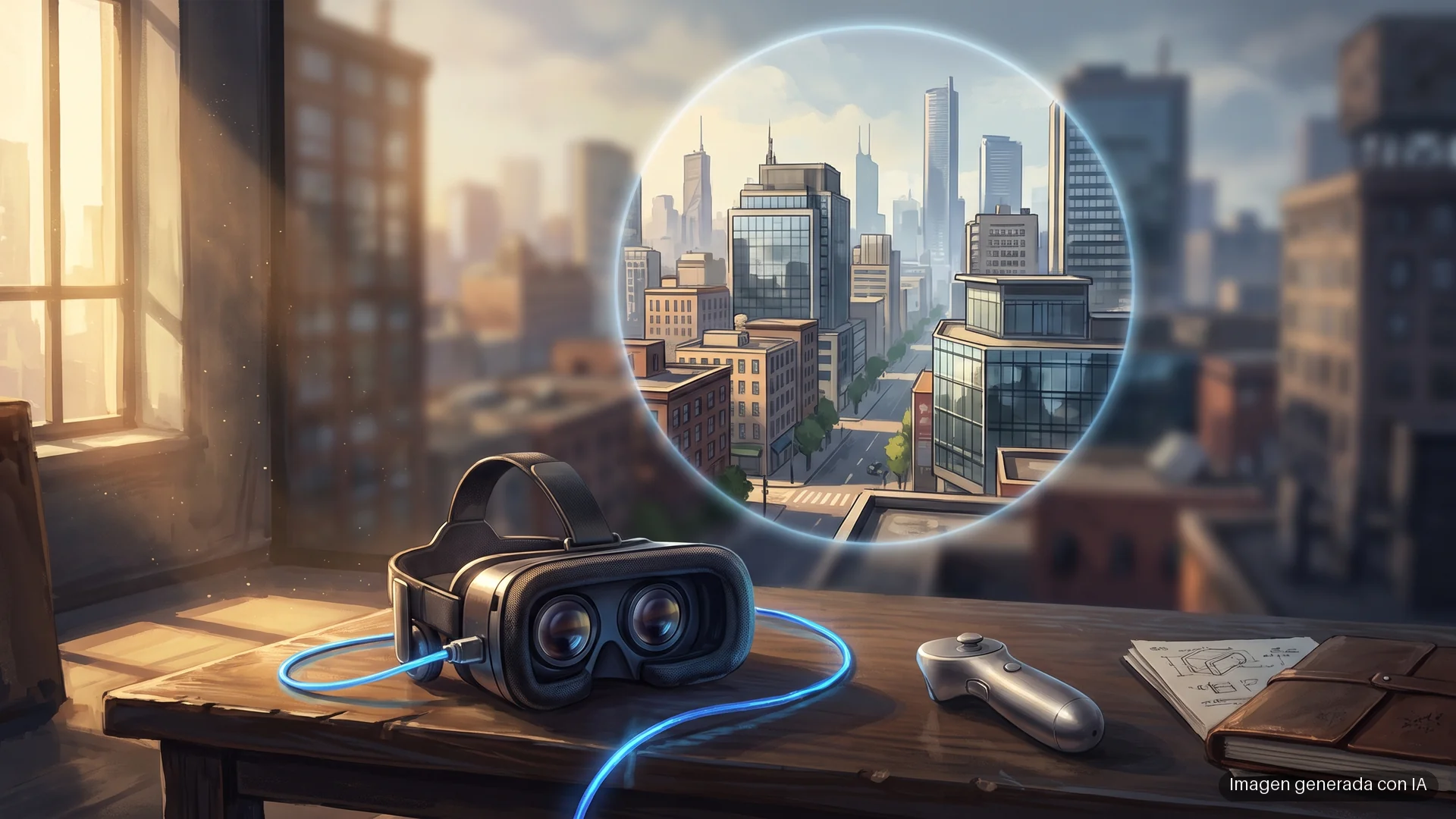 alyx-renderizado-foveado Visor de realidad virtual genérico sobre una mesa ante una ciudad nítida en el centro y borrosa en los bordes. Imagen generada con IA.