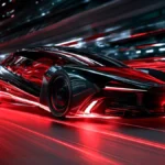 Ilustración oficial de un deportivo futurista negro que avanza a gran velocidad entre estelas de luz roja