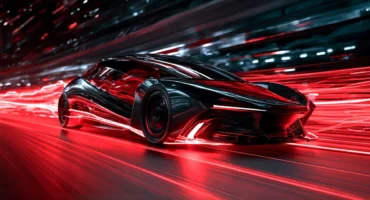 Ilustración oficial de un deportivo futurista negro que avanza a gran velocidad entre estelas de luz roja
