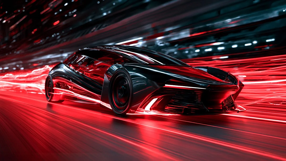 amd-fsr-4-1-radeon-rx-6000 Ilustración oficial de un deportivo futurista negro que avanza a gran velocidad entre estelas de luz roja