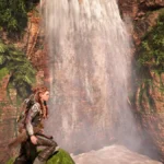 Escena de videojuego con una cascada entre paredes de roca y vegetación y una protagonista en primer plano, en una imagen de AMD de FSR 4