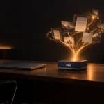 Equipo compacto Ryzen AI Halo con el logotipo de AMD sobre una mesa de despacho al atardecer, con una ciudad al fondo