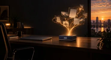 Equipo compacto Ryzen AI Halo con el logotipo de AMD sobre una mesa de despacho al atardecer, con una ciudad al fondo