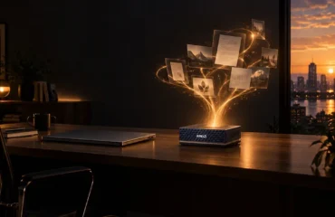 amd-ryzen-ai-halo Equipo compacto Ryzen AI Halo con el logotipo de AMD sobre una mesa de despacho al atardecer, con una ciudad al fondo