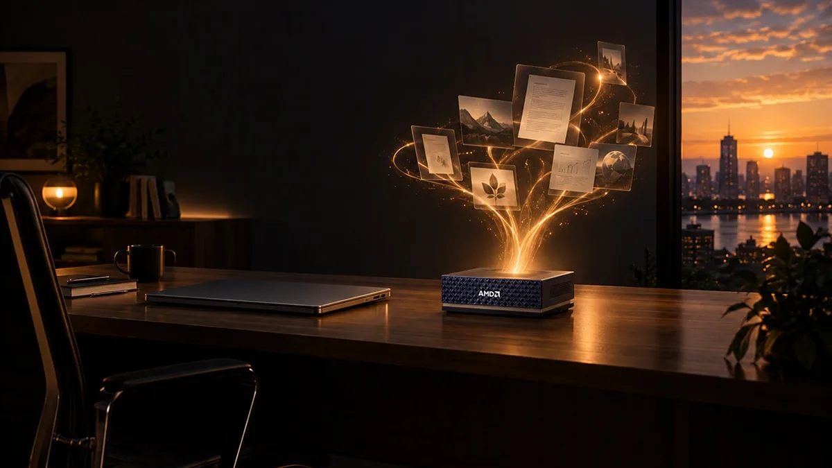 amd-ryzen-ai-halo Equipo compacto Ryzen AI Halo con el logotipo de AMD sobre una mesa de despacho al atardecer, con una ciudad al fondo