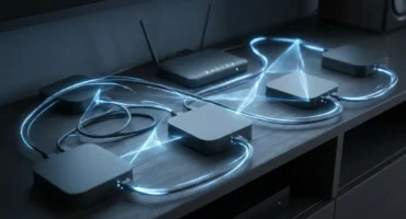 Cajas de reproductor de televisión sin marca conectadas con cables de red y líneas de luz azul junto a un router. Imagen generada con IA.